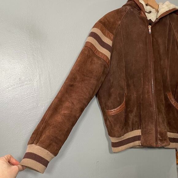 Vintage Brown Suede Leather Bomber Jacket Mens Size 42 Retro 70s 80s Coat Fur - Picture 2 of 14